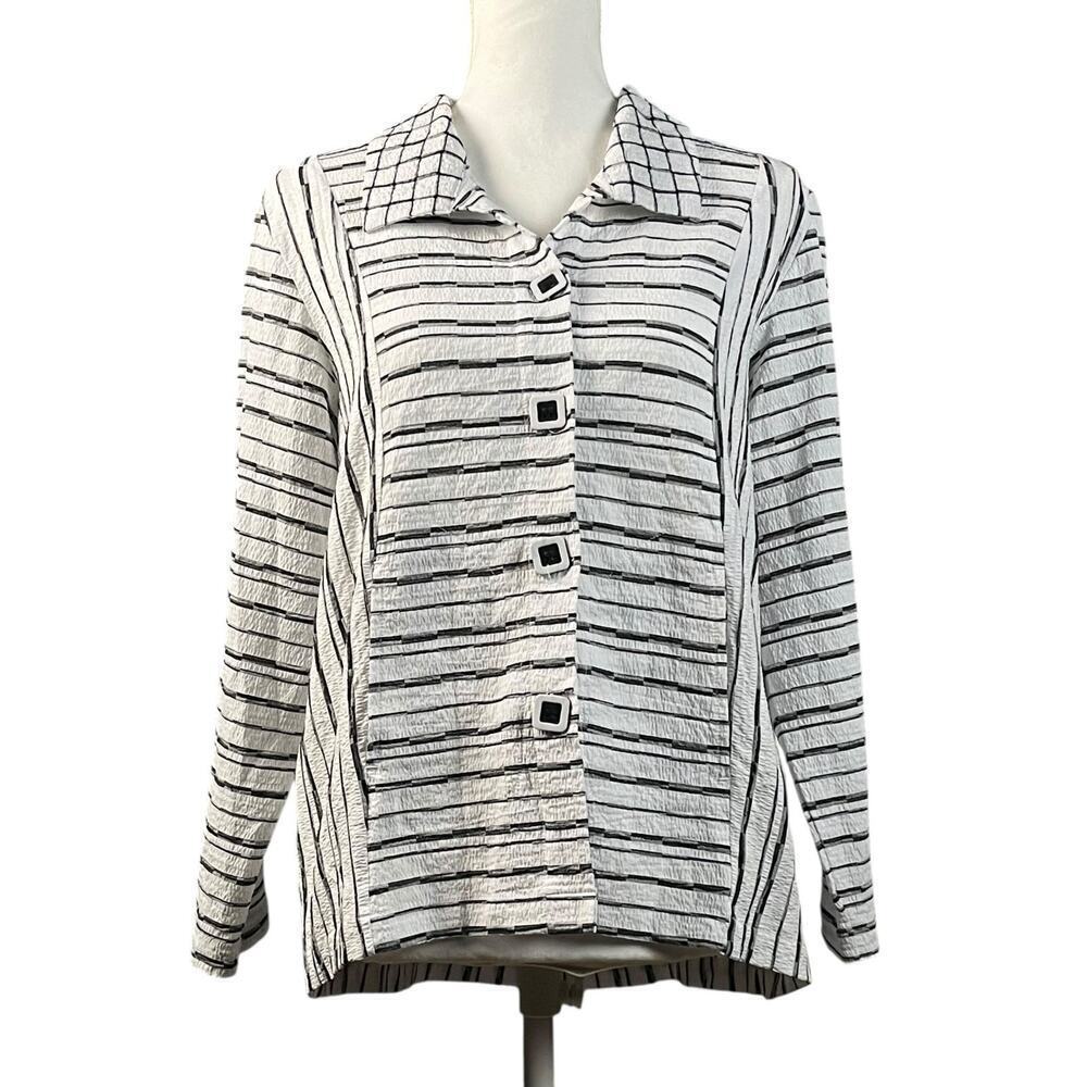Habitat Clothes To Live In Tunic Size Medium Black White Stripes Textured Artsy - Picture 2 of 13